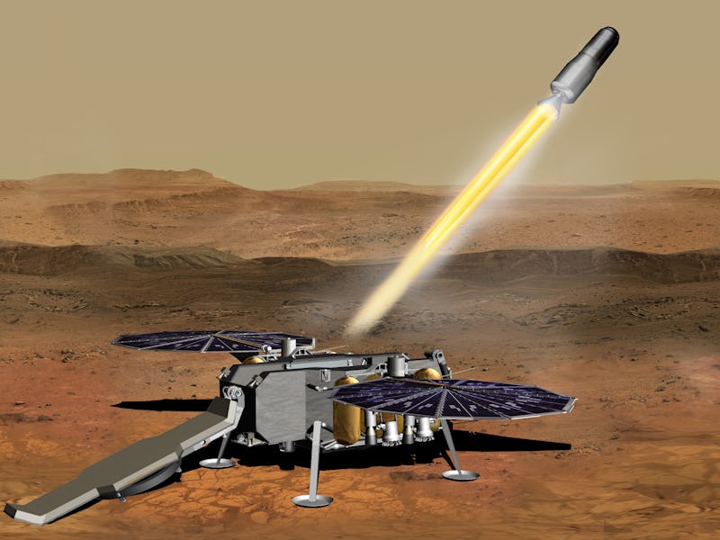 This illustration shows a concept of how the NASA Mars Ascent Vehicle, carrying tubes containing roc...