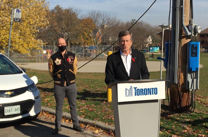 Toronto Mayor John Tory speaks at the launch of the EV charging pilot.