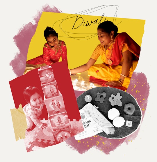 A collage featuring an mother in an Indian sari playing with her daughter; the author's own 1-year-o...