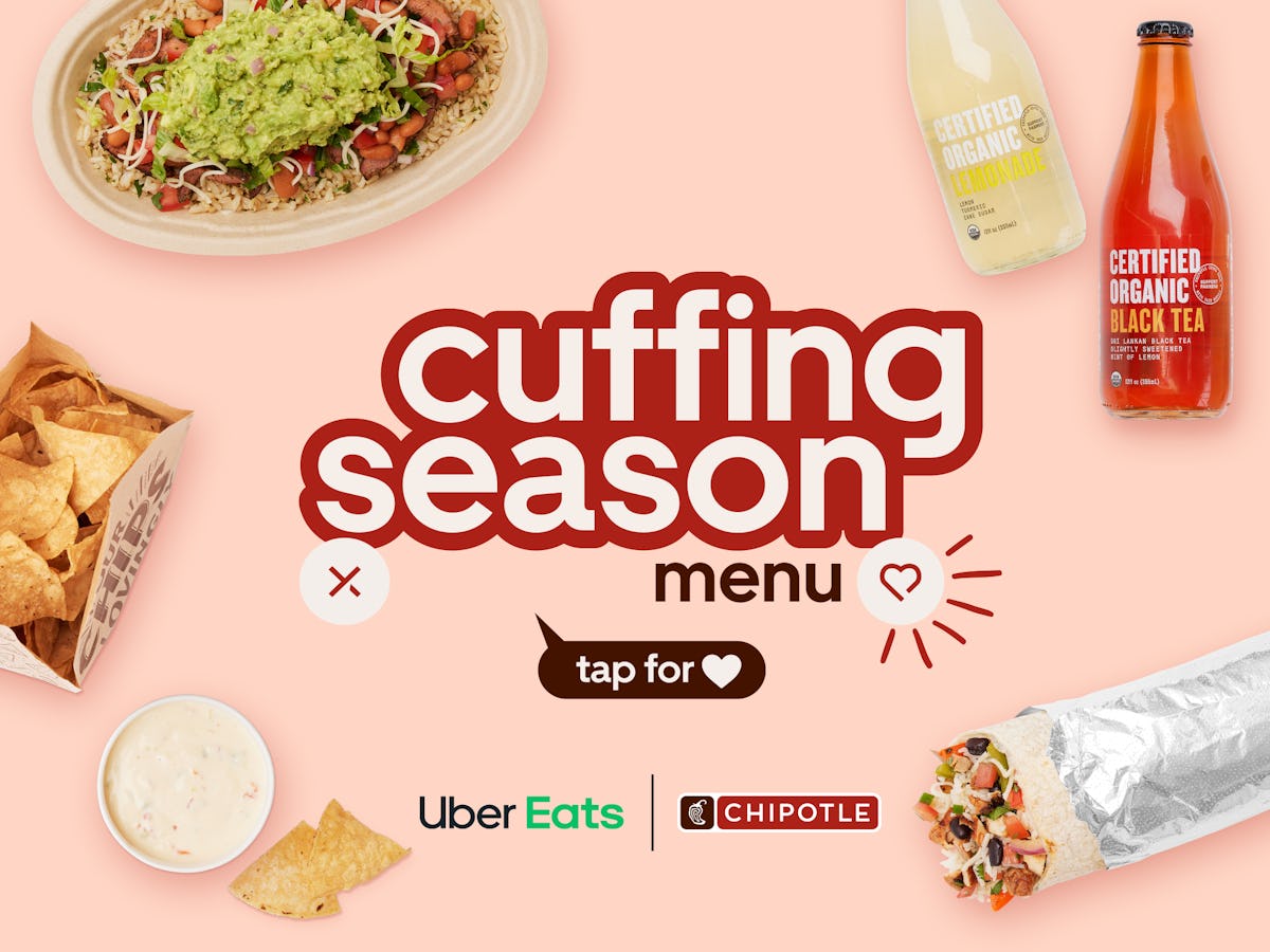 Chipotle's Uber Eats Cuffing Season Menu with Hinge includes up to $8 off an order.