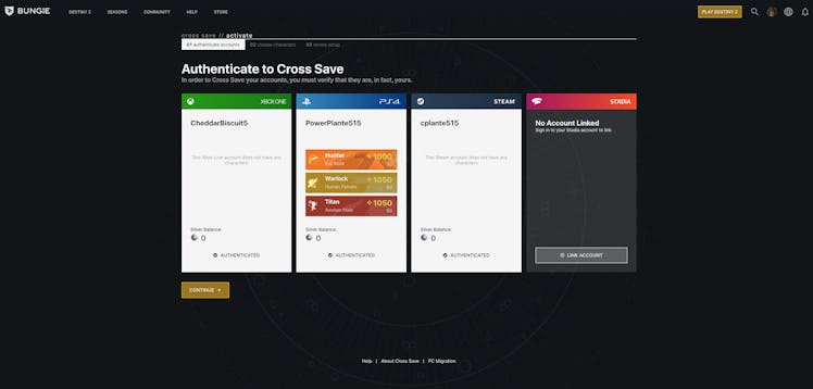 "Destiny 2" cross save authenticate option