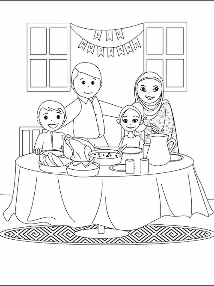 A black and white drawing of a family from "My First Eid Coloring Book," which introduces children t...