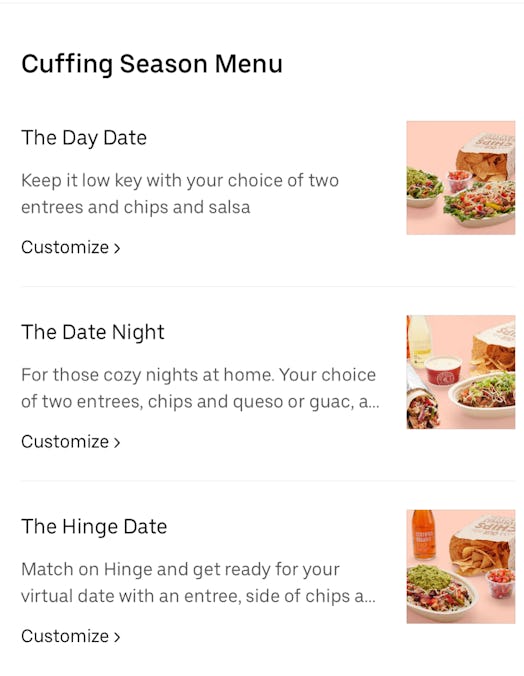 Chipotle's Uber Eats Cuffing Season Menu with Hinge includes up to $8 off an order.