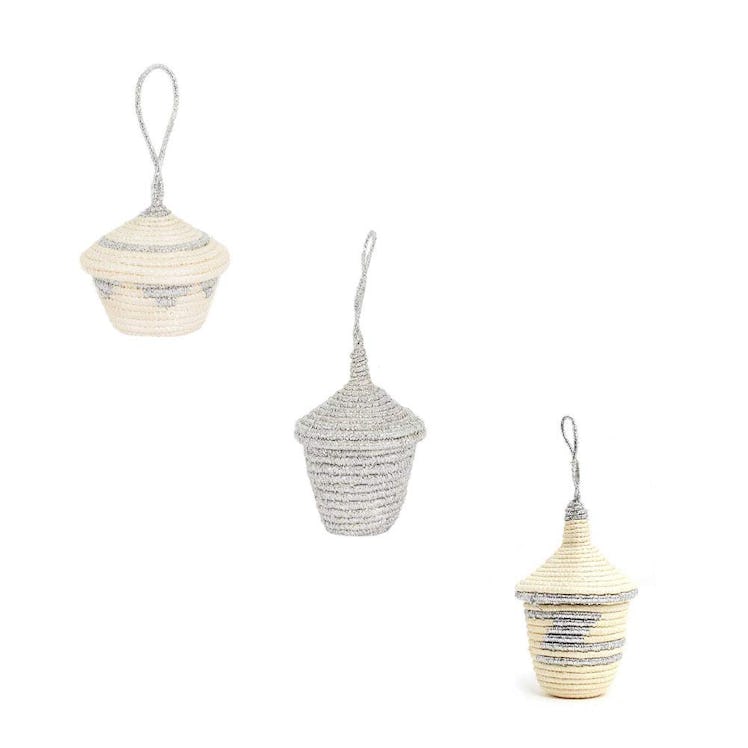 Mini Lidded Ornament Baskets - White & Silver Set Three