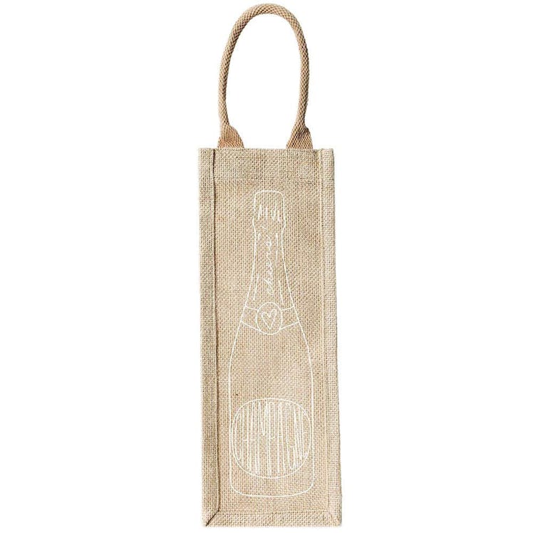 Reusable Burlap Wine Tote Bag - Champagne (White Design)