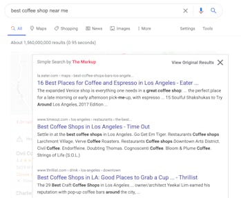 Screenshot of coffee shop search results using Simple Search