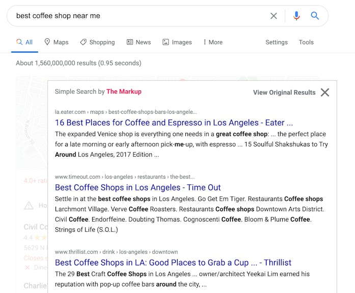 Screenshot of coffee shop search results using Simple Search