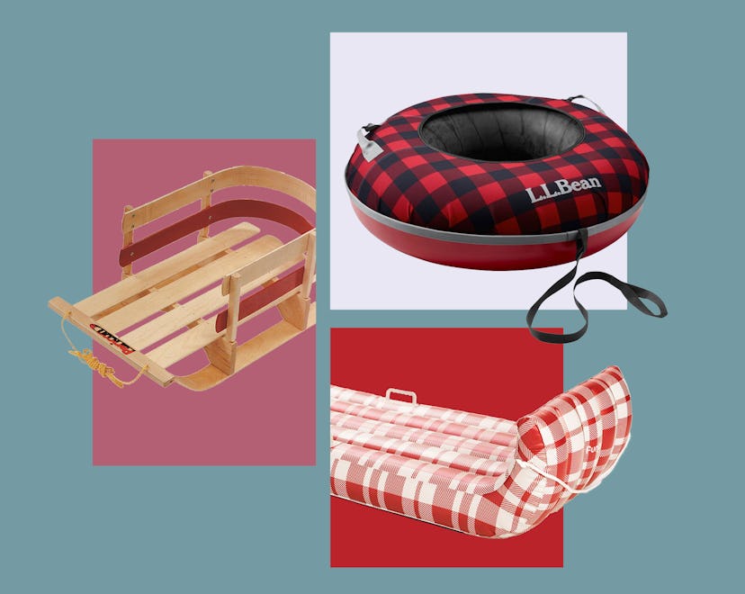 A collage of snow tube and sleds