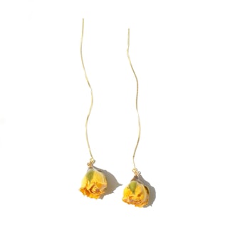 Real Flower Rosa Korresia Yellow Rosebud 18K Gold Vermeil Threader Earrings