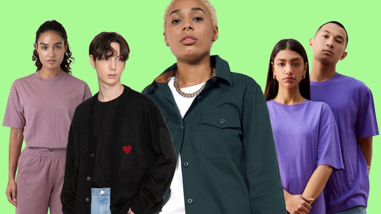 Five different models wearing gender-neutral wardrobe staples in mauve, black, emerald and blue