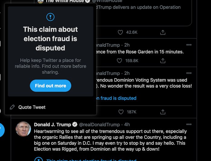 Twitter has placed warnings over Trump's tweets for containing disputed election information.