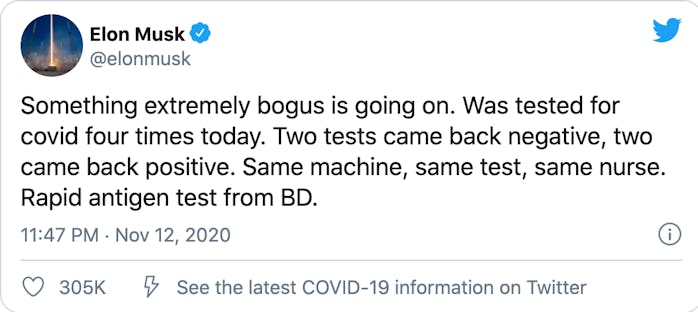 Elon Musk COVID-19 test tweet