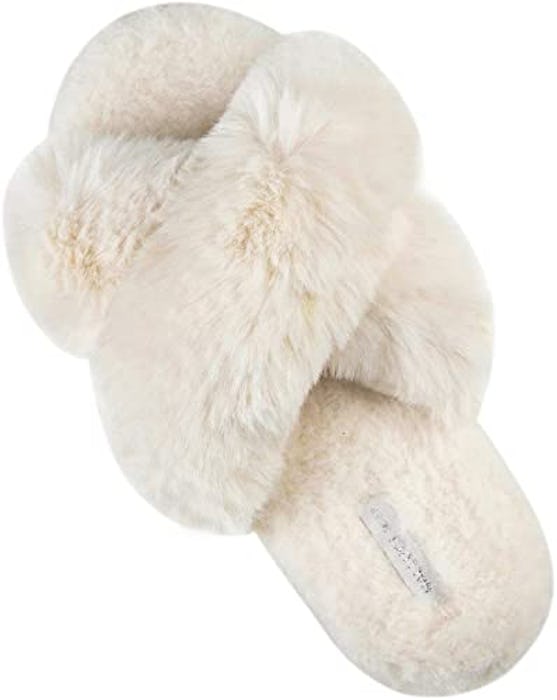 HALLUCI Women's Cross Band Plush Slippers