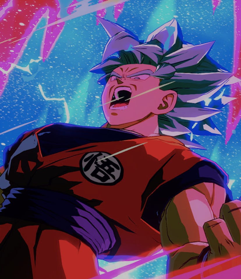 A close up of Goku in the game Dragon Ball FighterZ is shown.