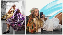 A collage with a woman wearing different outfits: A maxi floral dress in purple and an all-white out...