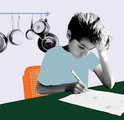 An abstract collage with a child doing his homework during the pandemic