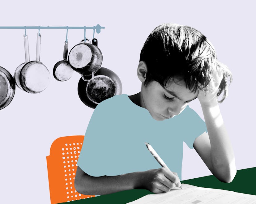 An abstract collage with a child doing his homework during the pandemic