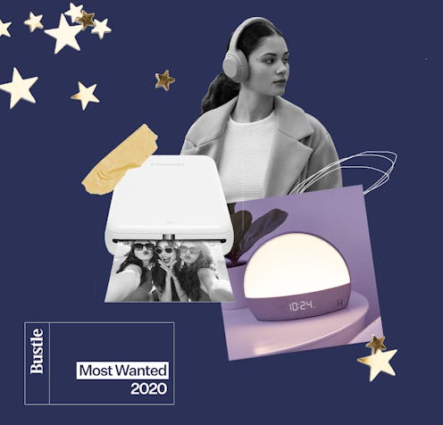 A collage of cool tech gifts: Sony Headphones, Restore Smart Light + Sleep Sounds, Zink Polaroid ZIP...