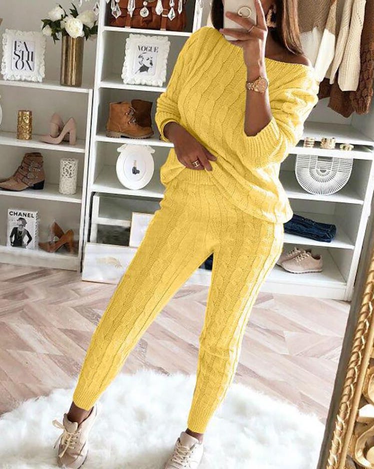 Bellewholesale Solid Ribbed Knitting Casual Sweater & Pants Sets