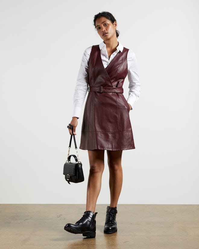 Leather belted wrap dress