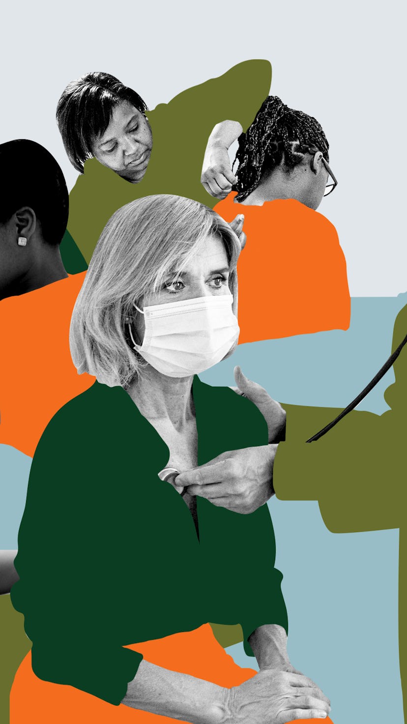 A white woman in a medical mask is being attended to in the foreground by a white doctor; in the bac...