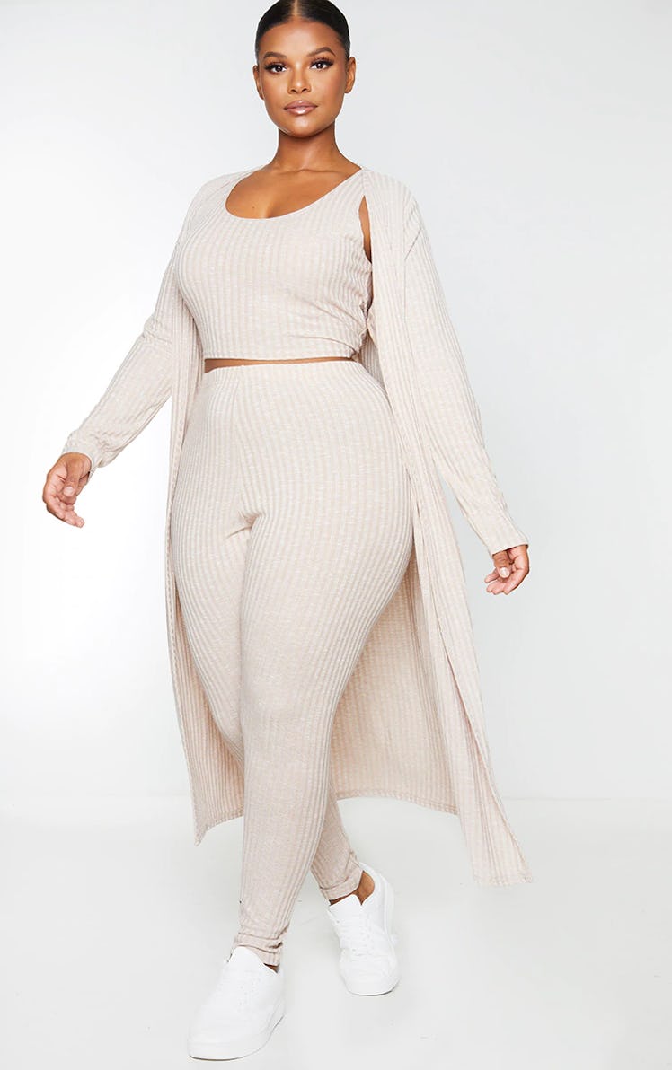 PrettyLittleThing Plus Oatmeal Knitted 3 Piece Legging Set