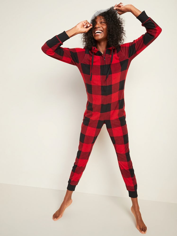 Old Navy Patterned Micro Performance Fleece Hooded One-Piece Pajamas 