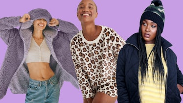 Three women wearing cozy clothes, beanie, Sherpa Pajama Top and Reversible Hooded Teddy Jacket