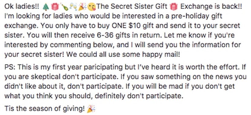 Screenshot of a Secret Sister Gift Exchange Facebook post.