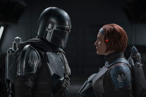 Pedro Pascal as Mando and Katee Sackhoff as Bo-Katan Kryze in 'The Mandalorian' via the Disney press...
