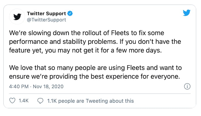 Twitter is slowing the introduction of its Fleets feature in light of technical issues. 