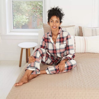 ‎ Women's Plaid Perfectly Cozy Flannel Long Sleeve Notch Collar Top And Pants Pajama Set