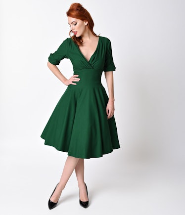 Unique Vintage 1950s Emerald Green Delores Swing Dress with Sleeves