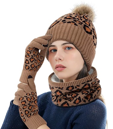 ADUO Leopard-Print Knitted Hat, Scarf, & Gloves Set