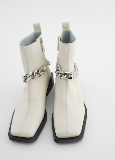 Chain Trim Low Heel Leather Ankle Boots