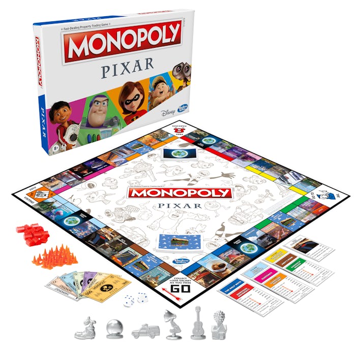 A picture of a Monopoly board featuring characters and places from the Pixar universe with Pixar the...