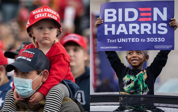 Two side by side photos show: RIGHT:  A child wearing a MAGA hat looks around at the crowd. She is s...