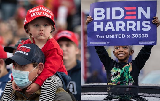 Two side by side photos show: RIGHT:  A child wearing a MAGA hat looks around at the crowd. She is s...