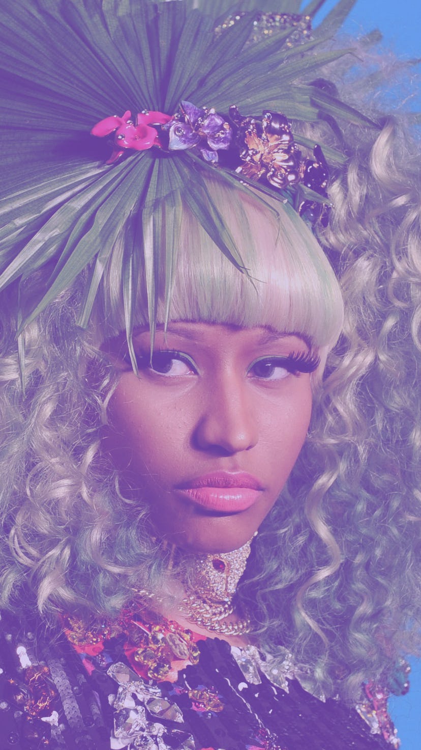 Nicki Minaj with bright pink curly hair