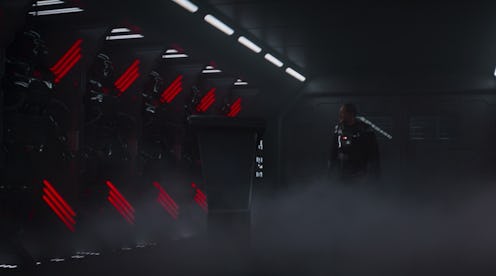 Moff Gideon looking at some mysterious dark suits at the end of 'The Mandalorian' Season 2, Chapter ...