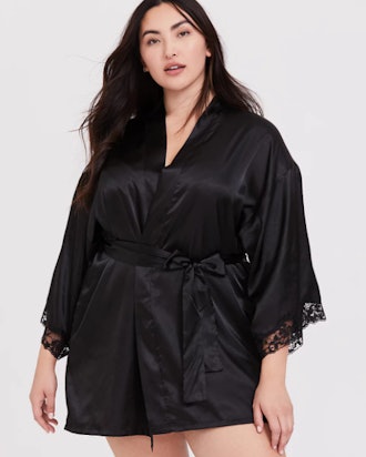 Black Satin & Lace Trim Self Tie Robe