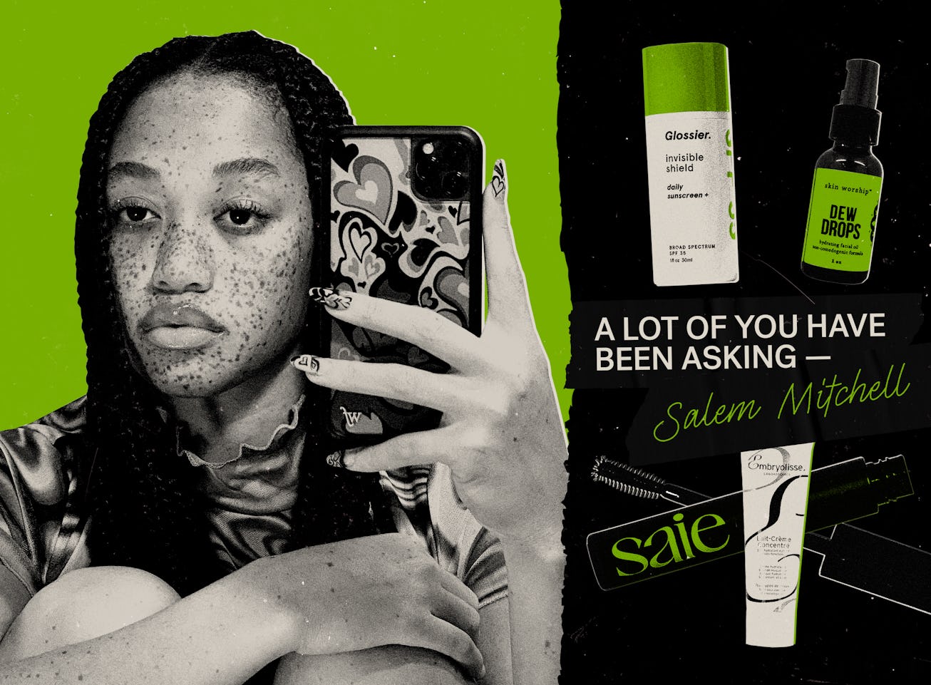 Salem Mitchell wearing Knotless Box Braids and haircare products.