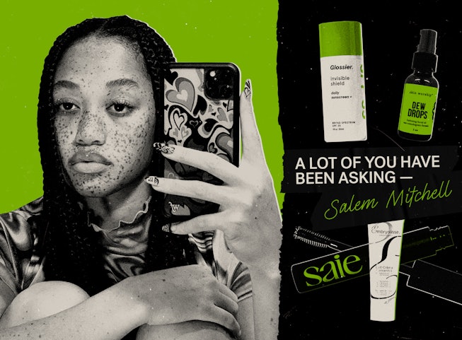 Salem Mitchell wearing Knotless Box Braids and haircare products.