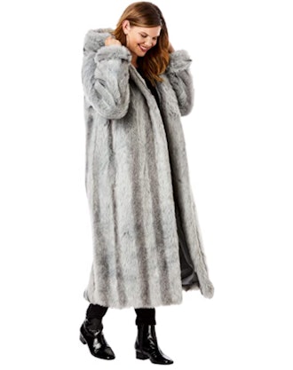 Roamans Plus Size Full Length Faux-Fur Coat with Hood