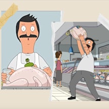 Stills from 'Bob's Burgers' Thanksgiving episodes of Bob holding a turkey