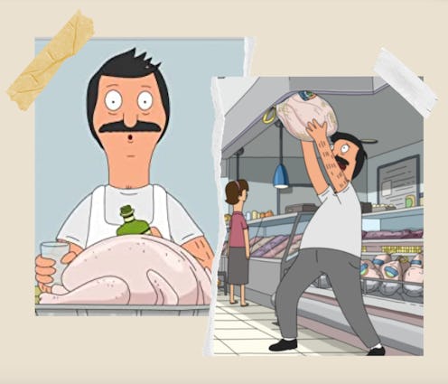 Stills from 'Bob's Burgers' Thanksgiving episodes of Bob holding a turkey