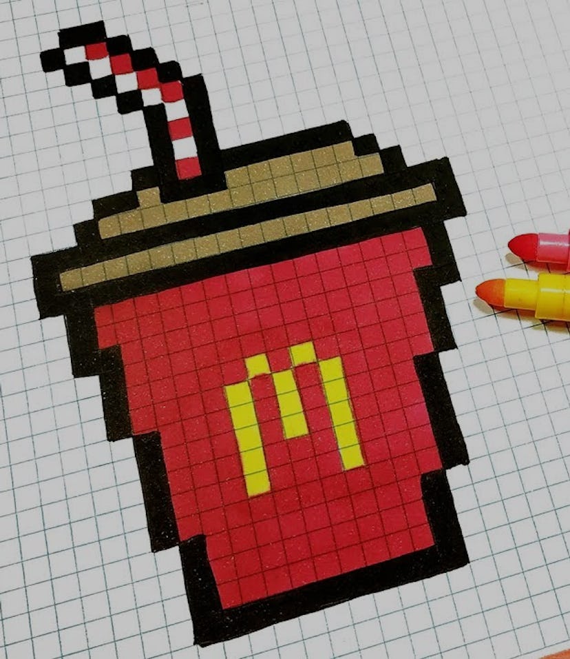 Pixel art of a McDonald's soda.