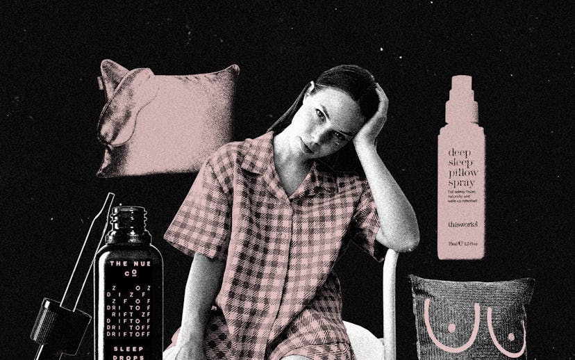 Collage of a tired girl surrounded by pillows, sleep masks and serums