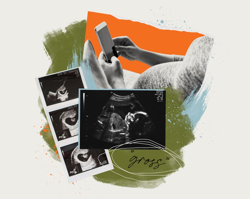 Collage of a pregnant woman using her mobile phone and ultrasound photos of her baby