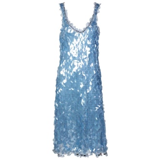 Vintage Blue Silk Paillette Plunge Back Dress